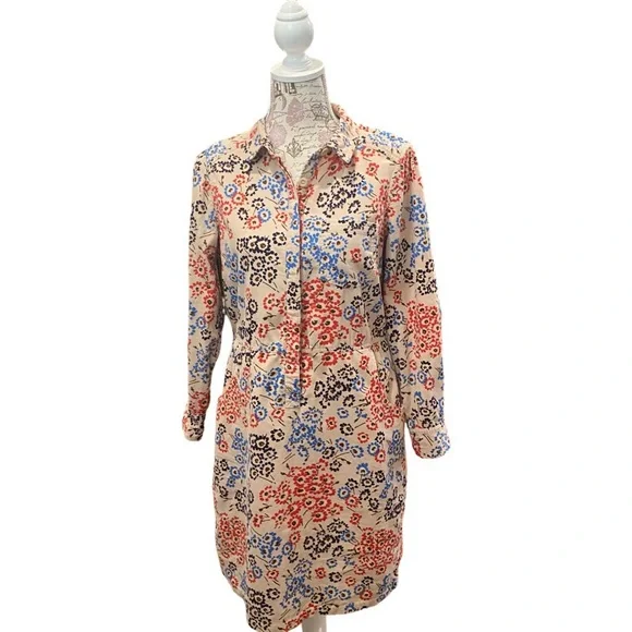 Boden Cream Corduroy Floral Collared Button Down Long Sleeve Dress Size 8L